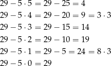29− 5⋅5 = 29− 25 = 4 29− 5⋅4 = 29− 20 = 9 = 3⋅3 29− 5⋅3 = 29− 15 = 14 29− 5⋅2 = 29− 10 = 19 29− 5⋅1 = 29− 5 = 24 = 8⋅3 29− 5⋅0 = 29 