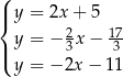 ( |{ y = 2x + 5 2 17 |( y = − 3x − 3 y = − 2x − 11 