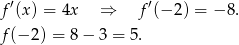  ′ ′ f (x) = 4x ⇒ f(− 2) = − 8. f(− 2) = 8 − 3 = 5 . 