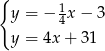 { 1 y = − 4x− 3 y = 4x + 31 