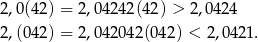 2,0(4 2) = 2,0424 2(42) > 2,04 24 2,(04 2) = 2,0420 42(042) < 2 ,0421. 