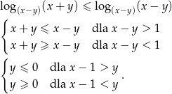 log (x−y )(x + y ) ≤ lo g(x−y)(x− y) { x + y ≤ x− y dla x − y > 1 x + y ≥ x− y dla x − y < 1 { y ≤ 0 dla x− 1 > y y ≥ 0 dla x− 1 < y . 