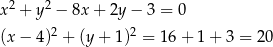  2 2 x + y − 8x + 2y − 3 = 0 (x − 4)2 + (y + 1)2 = 16 + 1 + 3 = 20 