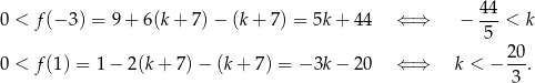  44 0 < f(− 3 ) = 9+ 6(k+ 7)− (k+ 7 ) = 5k+ 44 ⇐ ⇒ − -5-< k 0 < f(1 ) = 1− 2(k+ 7)− (k+ 7 ) = − 3k− 20 ⇐ ⇒ k < − 20. 3 