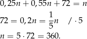 0,25n + 0,55n + 72 = n 72 = 0,2n = 1n / ⋅5 5 n = 5 ⋅72 = 3 60. 