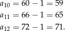 a10 = 60 − 1 = 59 a11 = 66 − 1 = 65 a12 = 72 − 1 = 71 . 