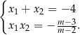 { x1 + x2 = − 4 x1x2 = − mm-−−32. 