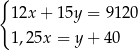 { 1 2x+ 15y = 9 120 1 ,25x = y + 40 