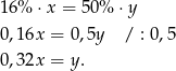 16% ⋅x = 50% ⋅y 0,16x = 0,5y / : 0,5 0,32x = y. 