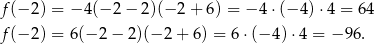 f (− 2 ) = − 4(− 2− 2)(− 2+ 6) = − 4⋅(− 4 )⋅4 = 6 4 f (− 2 ) = 6(− 2− 2)(− 2+ 6) = 6 ⋅(− 4)⋅4 = − 96. 
