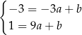 { −3 = − 3a+ b 1 = 9a + b 