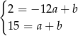 { 2 = − 12a + b 15 = a + b 