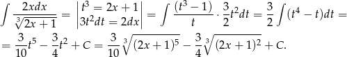 ∫ || 3 || ∫ 3 ∫ √-2xdx---= |t =2 2x + 1| = (t-−--1) ⋅ 3t2dt = 3- (t4 − t)dt = 3 2x + 1 |3t dt = 2dx| t 2 2 3 5 3 2 3 3∘ ---------- 3 3∘ ---------- = ---t − --t + C = --- (2x + 1 )5 − -- (2x + 1 )2 + C . 10 4 10 4 