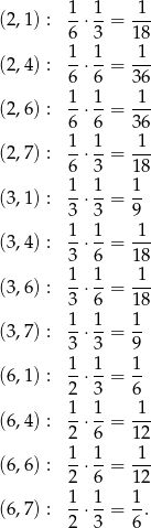  1 1 1 (2 ,1 ) : --⋅--= --- 6 3 18 (2 ,4 ) : 1-⋅ 1-= -1- 6 6 36 1 1 1 (2 ,6 ) : 6-⋅6-= 36- (2 ,7 ) : 1-⋅ 1-= -1- 6 3 18 1- 1- 1- (3 ,1 ) : 3 ⋅3 = 9 1 1 1 (3 ,4 ) : --⋅--= --- 3 6 18 (3 ,6 ) : 1-⋅ 1-= -1- 3 6 18 1 1 1 (3 ,7 ) : --⋅--= -- 3 3 9 (6 ,1 ) : 1-⋅ 1-= 1- 2 3 6 1- 1- -1- (6 ,4 ) : 2 ⋅6 = 12 1 1 1 (6 ,6 ) : --⋅--= --- 2 6 12 (6 ,7 ) : 1-⋅ 1-= 1. 2 3 6 