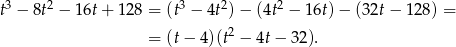  3 2 3 2 2 t − 8t − 16t + 128 = (t − 4t )− (4t − 1 6t)− (32t − 12 8) = 2 = (t− 4)(t − 4t− 32). 