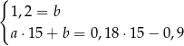 { 1 ,2 = b a ⋅15 + b = 0,18⋅ 15− 0,9 