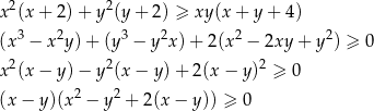  2 2 x (x+ 2)+ y (y+ 2) ≥ xy(x + y + 4 ) (x 3 − x 2y)+ (y3 − y 2x)+ 2(x2 − 2xy + y2) ≥ 0 2 2 2 x (x− y)− y (x− y)+ 2(x − y) ≥ 0 (x − y )(x2 − y2 + 2(x− y)) ≥ 0 