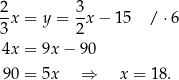 2x = y = 3-x− 15 / ⋅6 3 2 4x = 9x− 90 90 = 5x ⇒ x = 18. 