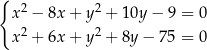 { 2 2 x − 8x + y + 1 0y− 9 = 0 x2 + 6x + y 2 + 8y − 75 = 0 