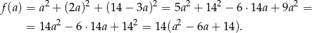  2 2 2 2 2 2 f(a) = a + (2a) + (14 − 3a) = 5a + 1 4 − 6⋅14a + 9a = = 14a 2 − 6 ⋅14a + 14 2 = 14(a2 − 6a + 14). 