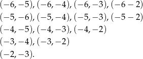 (−6 ,−5 ),(− 6 ,− 4 ),(− 6 ,− 3 ),(− 6 − 2) (−5 ,−6 ),(− 5 ,− 4 ),(− 5 ,− 3 ),(− 5 − 2) (−4 ,−5 ),(− 4 ,− 3 ),(− 4 ,− 2 ) (−3 ,−4 ),(− 3 ,− 2 ) (−2 ,−3 ). 