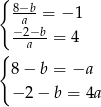{ 8−b -a--= − 1 −2−b-= 4 { a 8 − b = −a − 2 − b = 4a 
