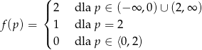  ( |{ 2 dla p ∈ (− ∞ ,0) ∪ (2,∞ ) f(p ) = 1 dla p = 2 |( 0 dla p ∈ ⟨0,2 ) 