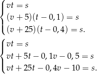 ( |{ vt = s (v + 5)(t− 0,1) = s |( (v + 25)(t− 0,4) = s. ( |{ vt = s | vt+ 5t− 0 ,1v− 0,5 = s ( vt+ 25t− 0,4v− 10 = s. 
