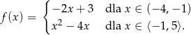  { f(x ) = − 2x + 3 dla x ∈ (−4 ,−1 ) x2 − 4x dla x ∈ ⟨−1 ,5⟩. 