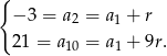 { − 3 = a2 = a1 + r 21 = a = a + 9r. 10 1 