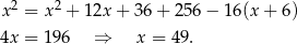  2 2 x = x + 12x + 36 + 256 − 1 6(x+ 6) 4x = 196 ⇒ x = 49. 