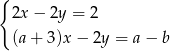{ 2x− 2y = 2 (a+ 3)x− 2y = a − b 
