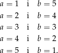 a = 1 i b = 5 a = 2 i b = 4 a = 3 i b = 3 a = 4 i b = 2 a = 5 i b = 1. 