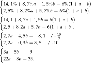 { 14,1% + 8,7%a + 1,5%b = 6% (1+ a+ b) 2,5% + 8,2%a + 5,7%b = 6% (1+ a+ b ). { 14,1 + 8,7a + 1 ,5b = 6(1 + a + b) { 2,5 + 8,2a + 5,7b = 6(1+ a+ b). 2,7a − 4,5b = − 8,1 / ⋅ 10 9 2,2a − 0,3b = 3,5. / ⋅10 { 3a − 5b = −9 22a − 3b = 35. 