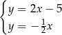 { y = 2x − 5 y = − 12x 
