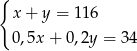 { x + y = 116 0,5x + 0,2y = 34 