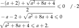  √ ------------ −-(a-+-2)-+---a2 +-8a+--4 2 ≤ 0 / ⋅2 ∘ -2---------- −∘ -a−--2+----a + 8a+ 4 ≤ 0 a2 + 8a + 4 ≤ a + 2 . 