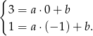 { 3 = a⋅ 0+ b 1 = a⋅ (− 1)+ b . 