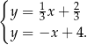 { y = 13x + 23 y = −x + 4. 