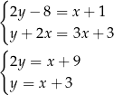 { 2y − 8 = x + 1 y + 2x = 3x + 3 { 2y = x + 9 y = x + 3 