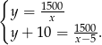 { y = 150x0 1500- y + 10 = x−5. 