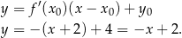y = f ′(x0)(x − x 0)+ y 0 y = − (x + 2) + 4 = −x + 2 . 
