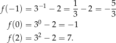  1 5 f(− 1) = 3− 1 − 2 = --− 2 = − -- 3 3 f(0) = 30 − 2 = − 1 2 f(2) = 3 − 2 = 7 . 