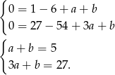 { 0 = 1− 6+ a+ b 0 = 27 − 54 + 3a + b { a+ b = 5 3a+ b = 27. 