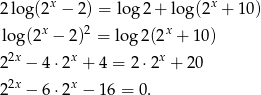  x x 2 log (2 − 2) = log 2+ log (2 + 10) log (2x − 2)2 = lo g2 (2x + 1 0) 22x − 4⋅ 2x + 4 = 2⋅ 2x + 20 2x x 2 − 6⋅ 2 − 16 = 0. 