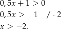 0 ,5x + 1 > 0 0 ,5x > − 1 / ⋅2 x > − 2. 