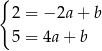 { 2 = − 2a+ b 5 = 4a+ b 