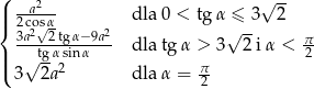 ( 2 √ -- || 2acosα dla 0 < tgα ≤ 3 2 { 3a2√ 2tg α−9a2 √ -- π | -√tgαsinα--- dla tgα > 3 2 i α <-2 |( 3 2a2 dla α = π- 2 