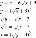  √ -- y = x + 6 x + 9 √ -- 2 y√ =-( √x-+ 3) y = x + 3 √ -- √ -- x = y − 3 x = (√y--− 3)2. 