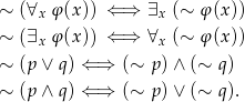 ∼ (∀x φ(x)) ⇐ ⇒ ∃x (∼ φ(x )) ∼ (∃x φ(x)) ⇐ ⇒ ∀x (∼ φ(x )) ∼ (p∨ q) ⇐ ⇒ (∼ p)∧ (∼ q) ∼ (p∧ q) ⇐ ⇒ (∼ p)∨ (∼ q). 